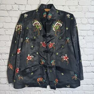 VTG Chinese Plum Blossoms Silk‎ Hand Embroidery Floral Jacket Black Sz Medium/38